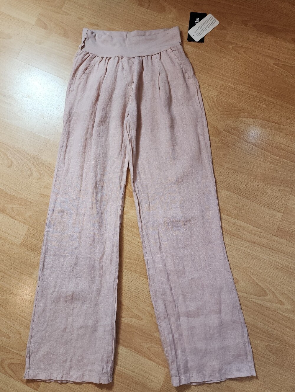 NWT XS/S/M 100% Linen Pink Pant Pullon Straight Wide Pockets Ornella Paris Italy
